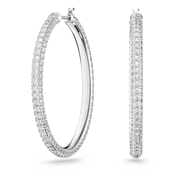 SWAROVSKI STONE HOOP EARRINGS, PAVÉ, LARGE, WHITE, RHODIUM PLATED 5389432