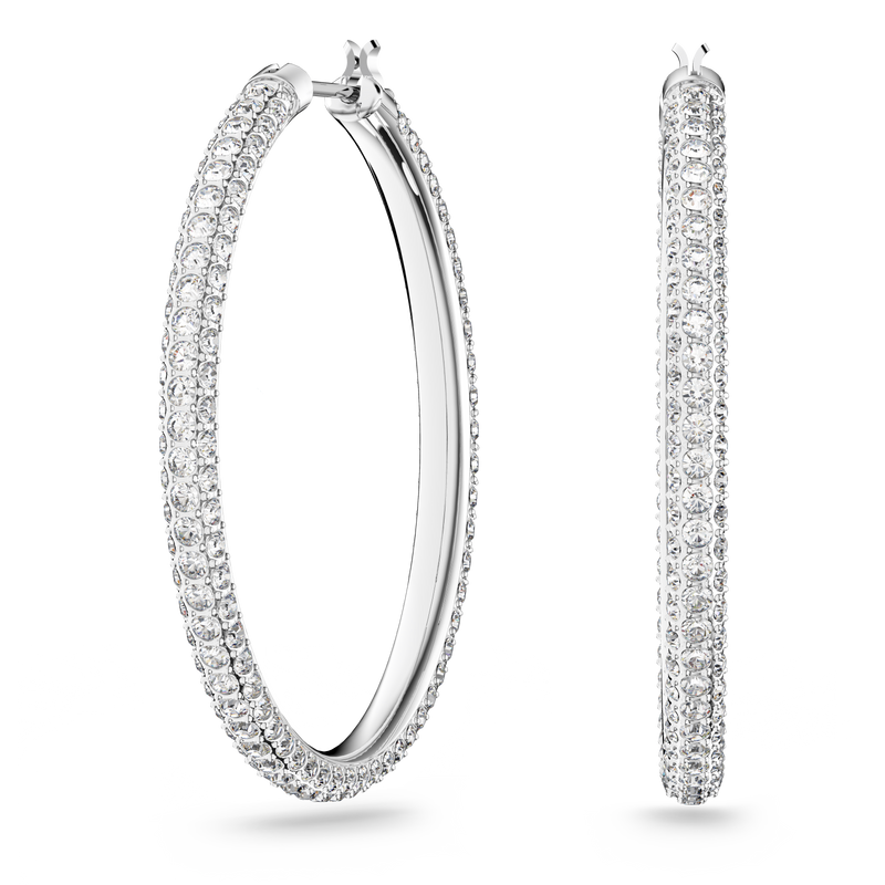 SWAROVSKI STONE HOOP EARRINGS, PAVÉ, LARGE, WHITE, RHODIUM PLATED 5389432