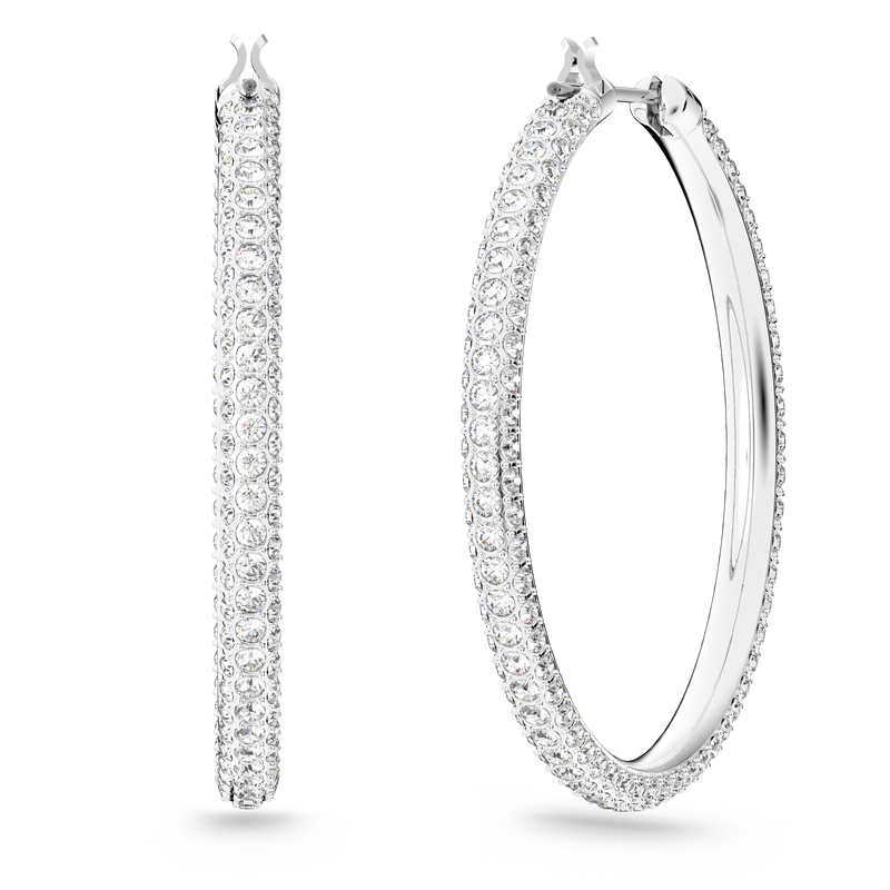 SWAROVSKI STONE HOOP EARRINGS, PAVÉ, LARGE, WHITE, RHODIUM PLATED 5389432