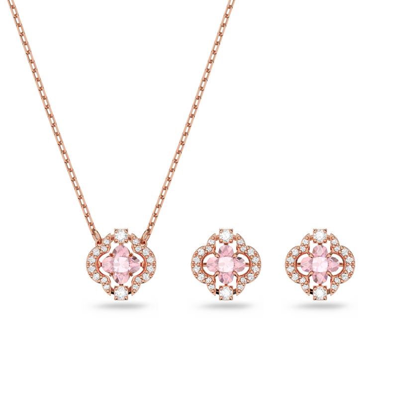 Swarovski Una set, Mixed cuts, Clover, Pink, Rose gold-tone plated