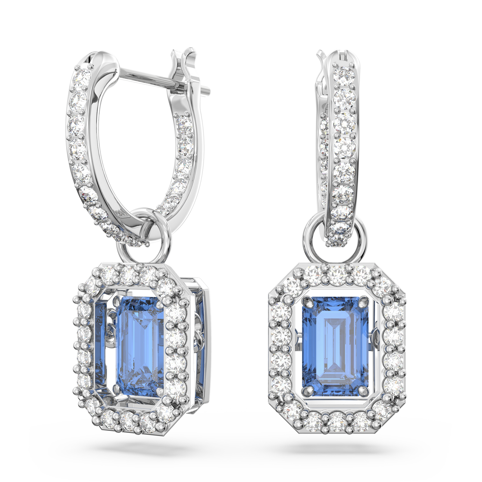 Swarovski Millenia drop earrings, Octagon cut, Blue, Rhodium