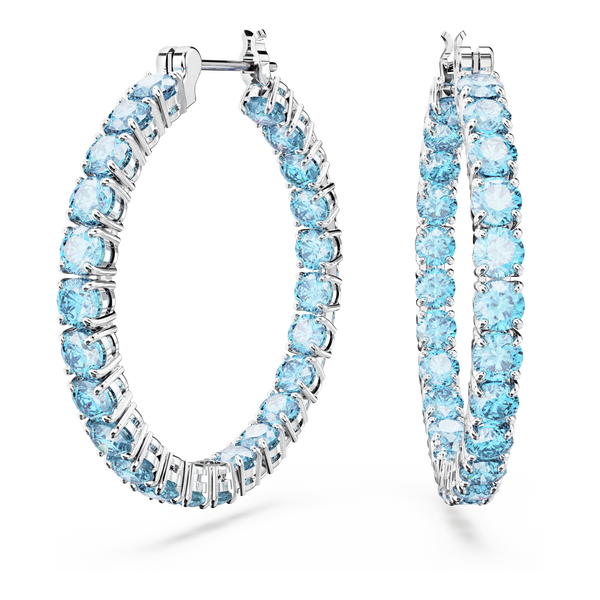 SWAROVSKI MATRIX HOOP EARRINGS, ROUND CUT, BLUE, RHODIUM PLATED 5647446