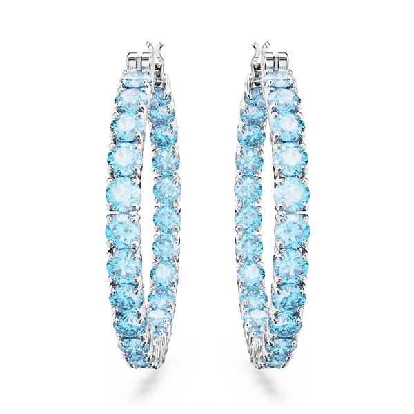 SWAROVSKI MATRIX HOOP EARRINGS, ROUND CUT, BLUE, RHODIUM PLATED 5647446