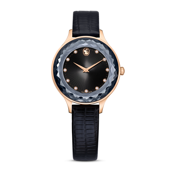 SWAROVSKI OCTEA NOVA WATCH, SWISS MADE, LEATHER STRAP, BLACK, ROSE GOLD-TONE FINISH 5650033