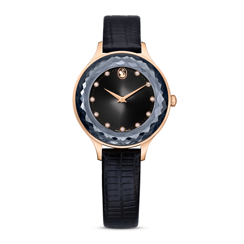 SWAROVSKI OCTEA NOVA WATCH SWISS MADE LEATHER STRAP BLACK ROSE GOLD TONE FINISH 5650033