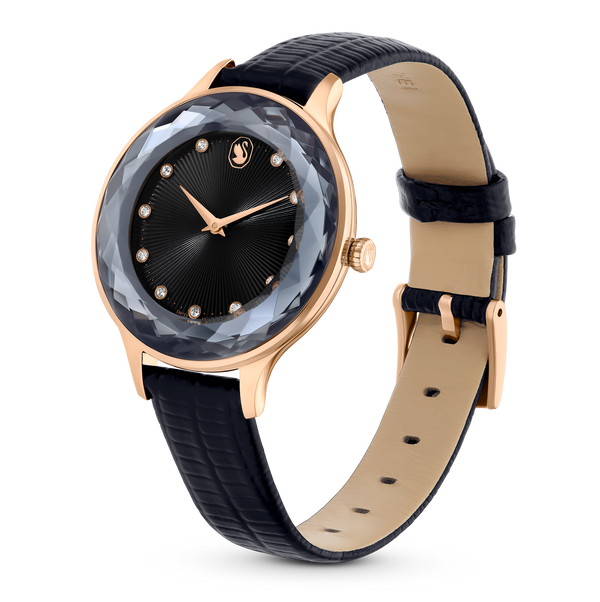 SWAROVSKI OCTEA NOVA WATCH, SWISS MADE, LEATHER STRAP, BLACK, ROSE GOLD-TONE FINISH 5650033