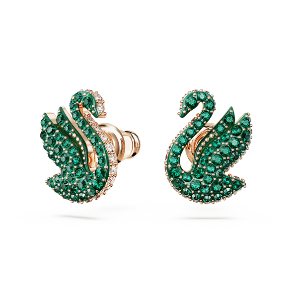 SWAROVSKI SWAROVSKI ICONIC SWAN STUD EARRINGS, SWAN, GREEN, ROSE GOLD-TONE PLATED 5650063