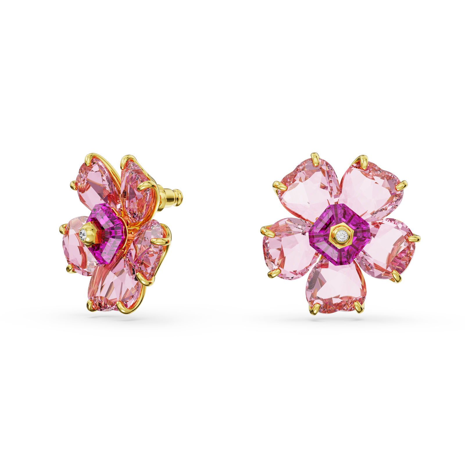 Swarovski Florere stud earrings, Flower, Pink, Gold-tone plated