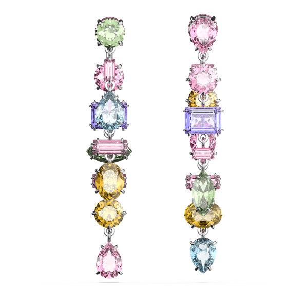 SWAROVSKI GEMA DROP EARRINGS, ASYMMETRICAL DESIGN, MIXED CUTS, LONG, MULTICOLORED, RHODIUM PLATED 5656417