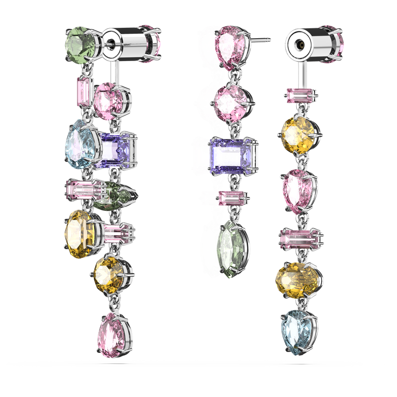 SWAROVSKI GEMA DROP EARRINGS, ASYMMETRICAL DESIGN, MIXED CUTS, LONG, MULTICOLORED, RHODIUM PLATED 5656417