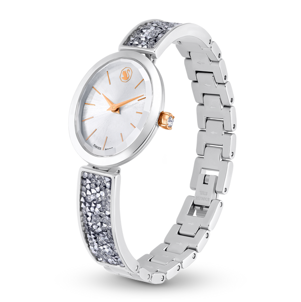 SWAROVSKI CRYSTAL ROCK OVAL WATCH, SWISS MADE, METAL BRACELET, WHITE, STAINLESS STEEL 5656878