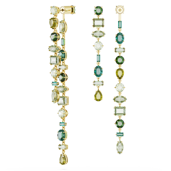 SWAROVSKI GEMA DROP EARRINGS, ASYMMETRICAL DESIGN, MIXED CUTS, EXTRA LONG, GREEN, GOLD-TONE PLATED 5657390