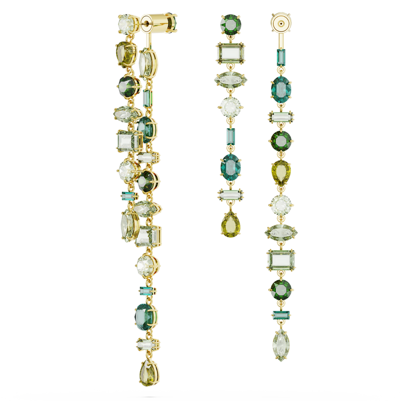 SWAROVSKI GEMA DROP EARRINGS, ASYMMETRICAL DESIGN, MIXED CUTS, EXTRA LONG, GREEN, GOLD-TONE PLATED 5657390