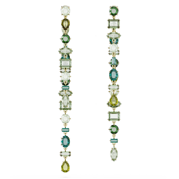 SWAROVSKI GEMA DROP EARRINGS, ASYMMETRICAL DESIGN, MIXED CUTS, EXTRA LONG, GREEN, GOLD-TONE PLATED 5657390