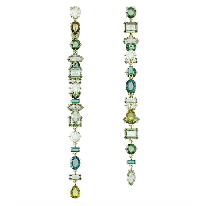 SWAROVSKI GEMA DROP EARRINGS, ASYMMETRICAL DESIGN, MIXED CUTS, EXTRA LONG, GREEN, GOLD-TONE PLATED 5657390