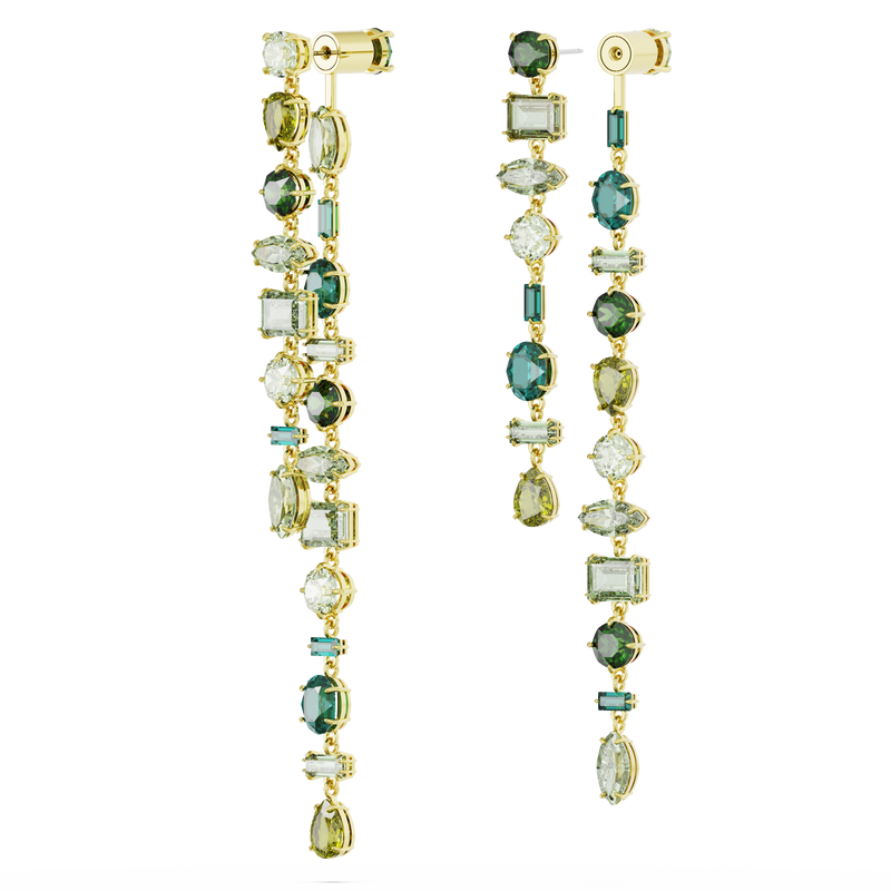 SWAROVSKI GEMA DROP EARRINGS, ASYMMETRICAL DESIGN, MIXED CUTS, EXTRA LONG, GREEN, GOLD-TONE PLATED 5657390