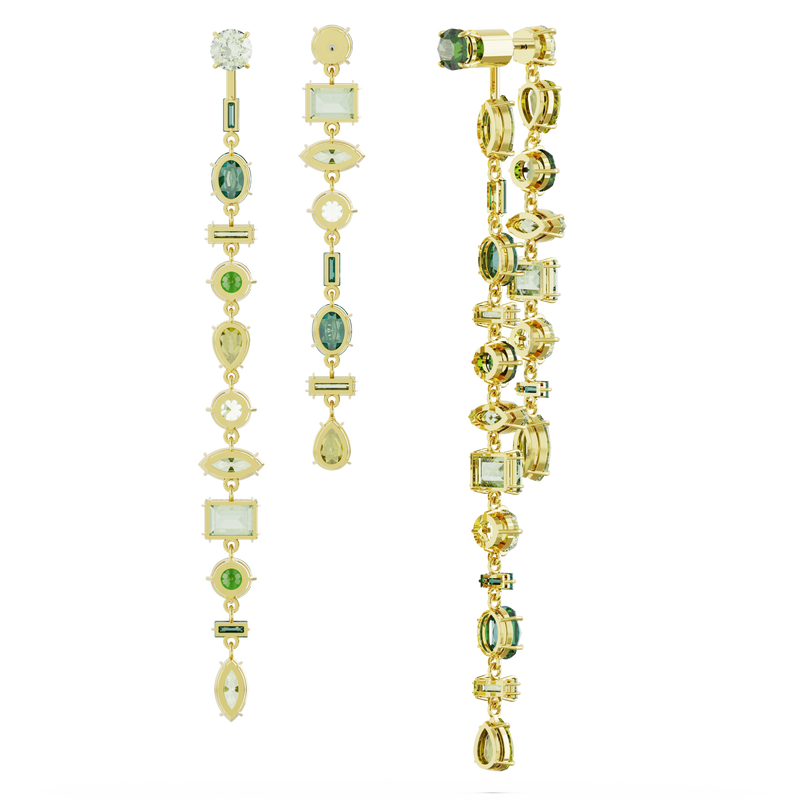 SWAROVSKI GEMA DROP EARRINGS, ASYMMETRICAL DESIGN, MIXED CUTS, EXTRA LONG, GREEN, GOLD-TONE PLATED 5657390