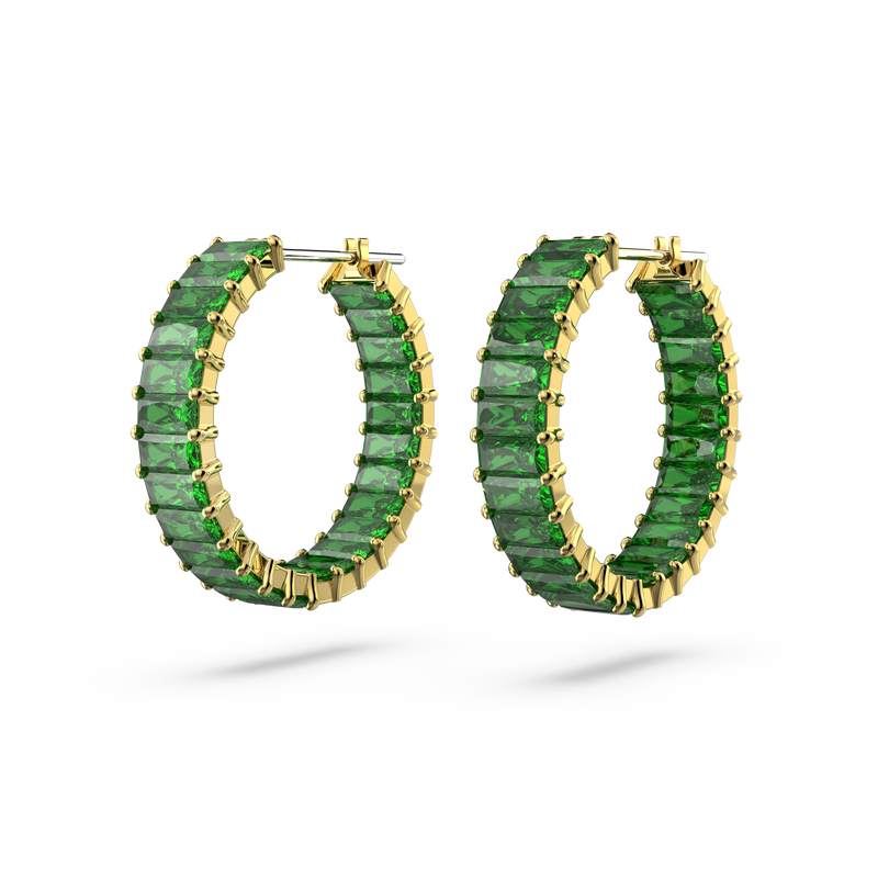 SWAROVSKI MATRIX HOOP EARRINGS, BAGUETTE CUT, GREEN, GOLD-TONE PLATED 5658651