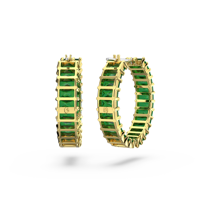 SWAROVSKI MATRIX HOOP EARRINGS, BAGUETTE CUT, GREEN, GOLD-TONE PLATED 5658651