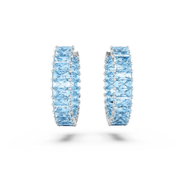 SWAROVSKI MATRIX HOOP EARRINGS, BAGUETTE CUT, BLUE, RHODIUM PLATED 5659037