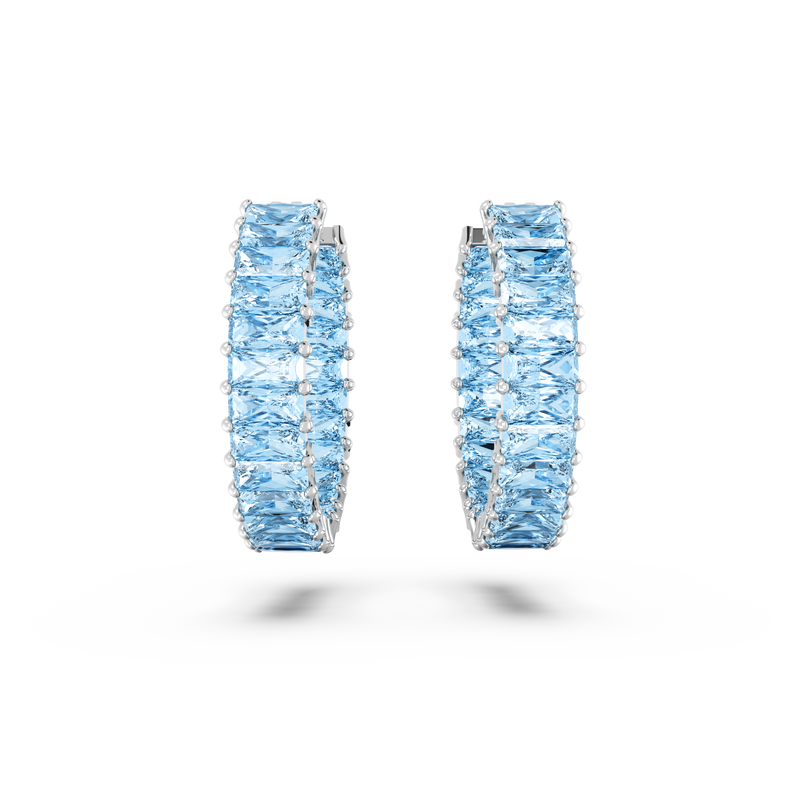 SWAROVSKI MATRIX HOOP EARRINGS, BAGUETTE CUT, BLUE, RHODIUM PLATED 5659037