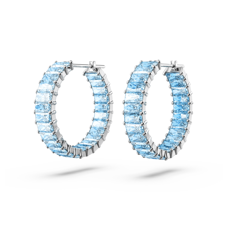 SWAROVSKI MATRIX HOOP EARRINGS, BAGUETTE CUT, BLUE, RHODIUM PLATED 5659037