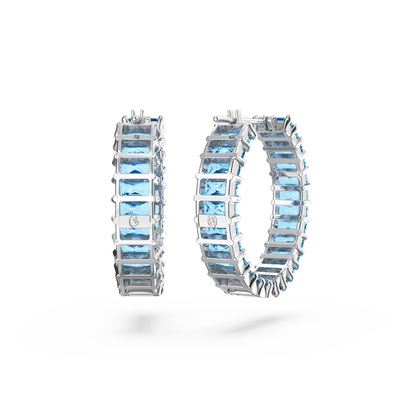 SWAROVSKI MATRIX HOOP EARRINGS, BAGUETTE CUT, BLUE, RHODIUM PLATED 5659037