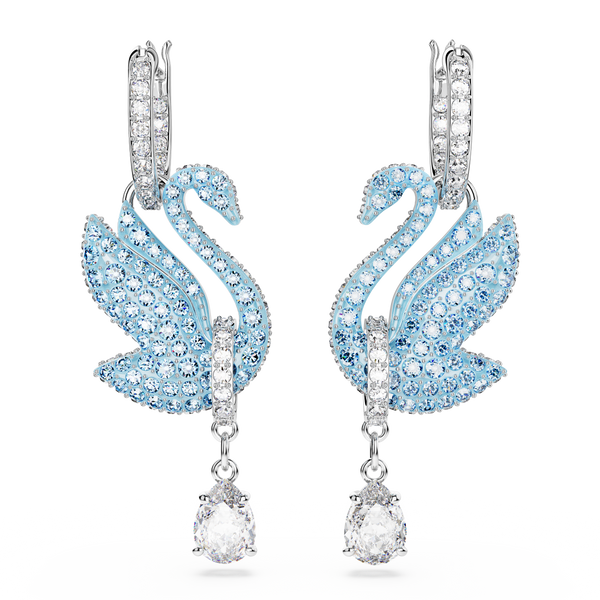 SWAROVSKI SWAROVSKI ICONIC SWAN DROP EARRINGS, SWAN, BLUE, RHODIUM PLATED 5660593