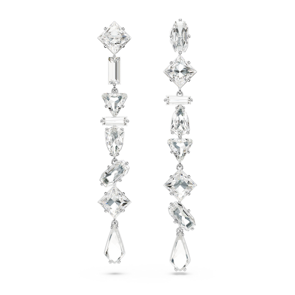 SWAROVSKI MESMERA DROP EARRINGS, ASYMMETRICAL DESIGN, MIXED CUTS, LONG, WHITE, RHODIUM PLATED 5661687