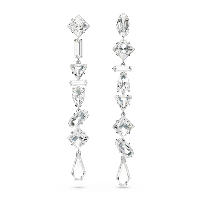 SWAROVSKI MESMERA DROP EARRINGS, ASYMMETRICAL DESIGN, MIXED CUTS, LONG, WHITE, RHODIUM PLATED 5661687