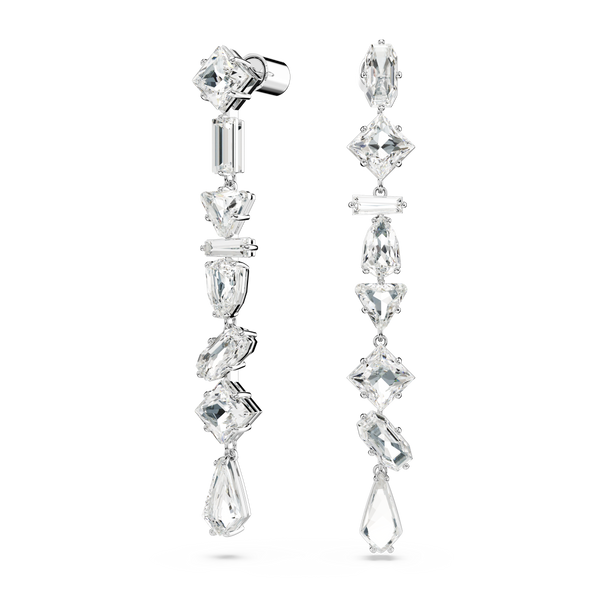 SWAROVSKI MESMERA DROP EARRINGS, ASYMMETRICAL DESIGN, MIXED CUTS, LONG, WHITE, RHODIUM PLATED 5661687