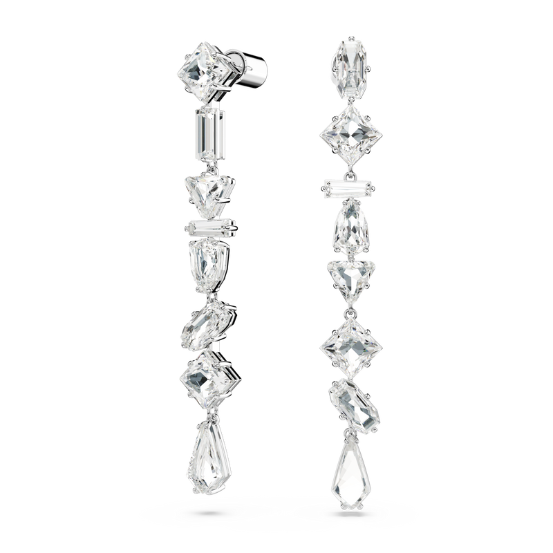 SWAROVSKI MESMERA DROP EARRINGS, ASYMMETRICAL DESIGN, MIXED CUTS, LONG, WHITE, RHODIUM PLATED 5661687