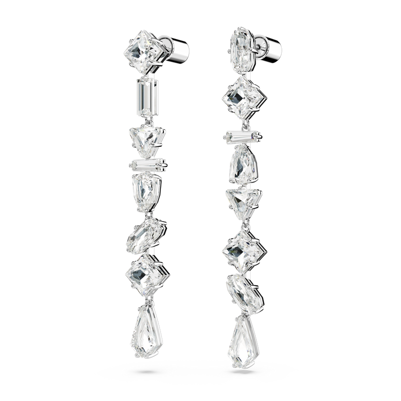 SWAROVSKI MESMERA DROP EARRINGS, ASYMMETRICAL DESIGN, MIXED CUTS, LONG, WHITE, RHODIUM PLATED 5661687