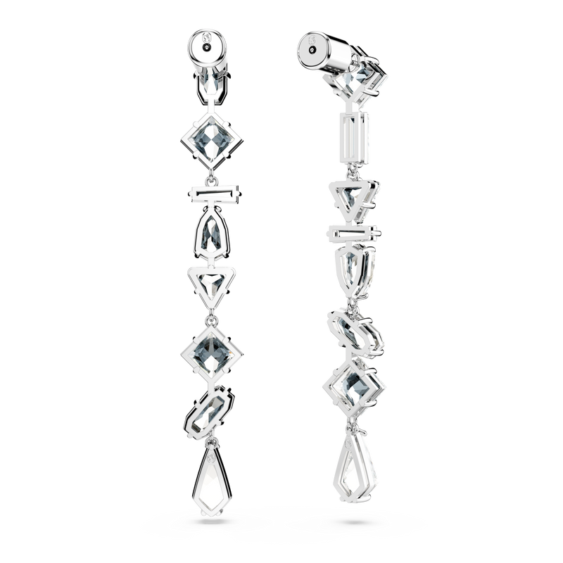 SWAROVSKI MESMERA DROP EARRINGS, ASYMMETRICAL DESIGN, MIXED CUTS, LONG, WHITE, RHODIUM PLATED 5661687