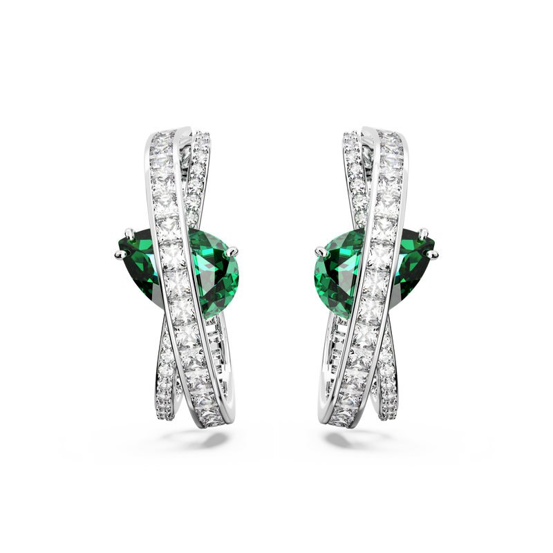 SWAROVSKI HYPERBOLA HOOP EARRINGS, CARBON NEUTRAL ZIRCONIA, MIXED CUTS, GREEN, RHODIUM PLATED 5665334