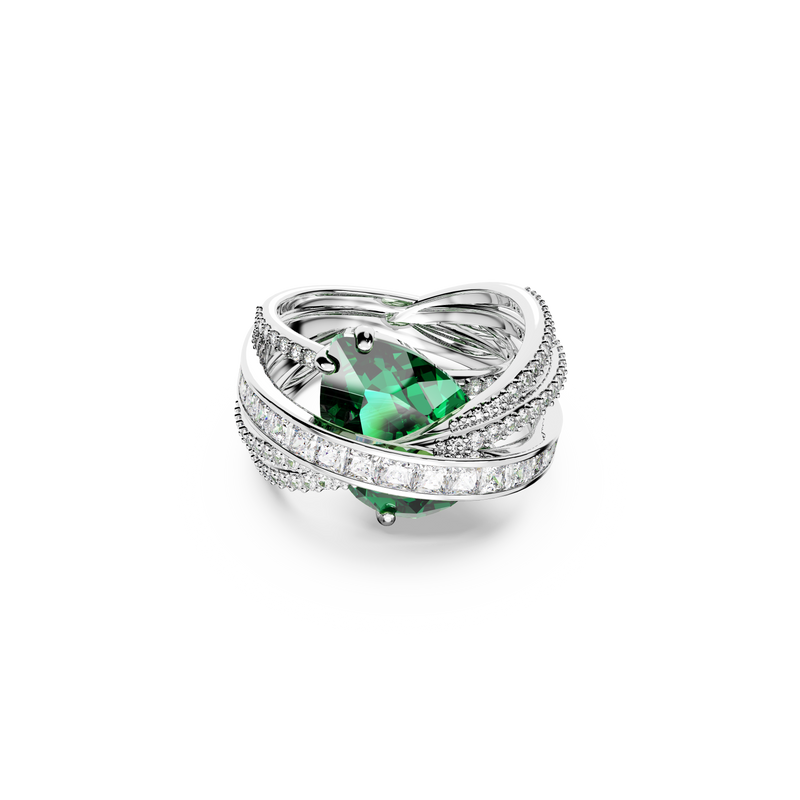 SWAROVSKI HYPERBOLA COCKTAIL RING, CARBON NEUTRAL ZIRCONIA, MIXED CUTS, FOUR BANDS, GREEN, RHODIUM PLATED