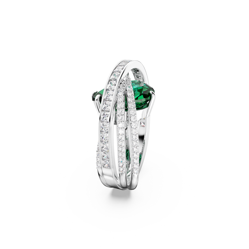 SWAROVSKI HYPERBOLA COCKTAIL RING, CARBON NEUTRAL ZIRCONIA, MIXED CUTS, FOUR BANDS, GREEN, RHODIUM PLATED