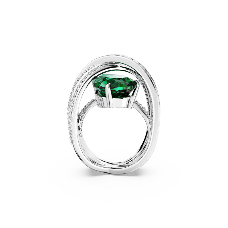 SWAROVSKI HYPERBOLA COCKTAIL RING, CARBON NEUTRAL ZIRCONIA, MIXED CUTS, FOUR BANDS, GREEN, RHODIUM PLATED