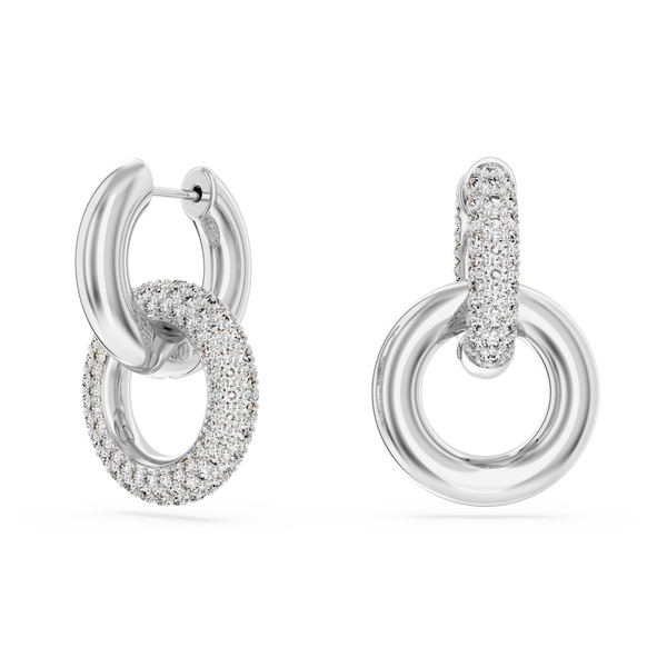 SWAROVSKI DEXTERA HOOP EARRINGS, ASYMMETRICAL DESIGN, INTERLOCKING LOOP, WHITE, RHODIUM PLATED 5671807