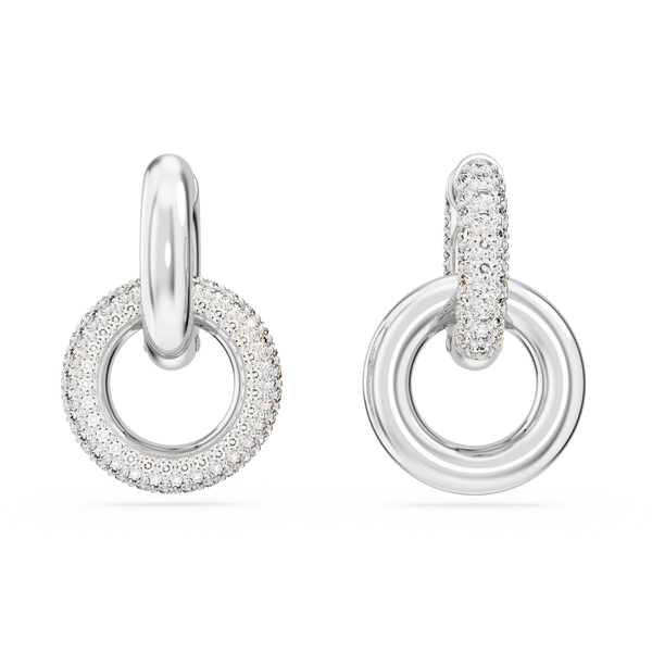 SWAROVSKI DEXTERA HOOP EARRINGS, ASYMMETRICAL DESIGN, INTERLOCKING LOOP, WHITE, RHODIUM PLATED 5671807