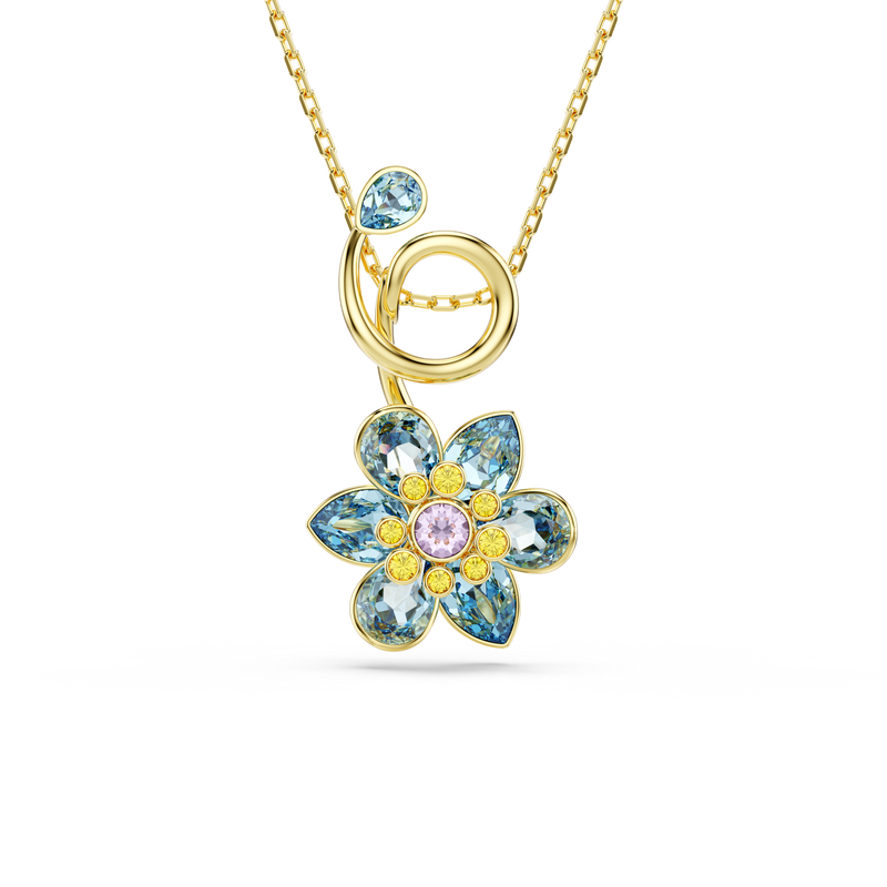 Swarovski Idyllia pendant, Mixed cuts, Flower, Blue, Gold-tone plated ...