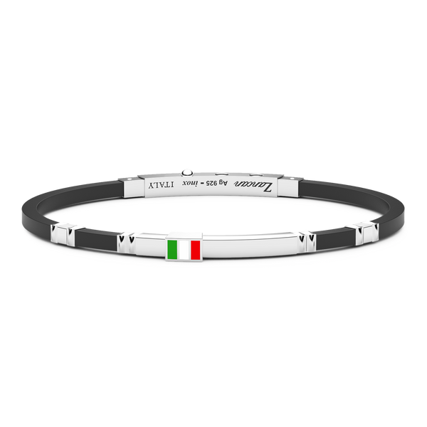 Black Silicone Bracelet with Silver Tag and Italian Flag