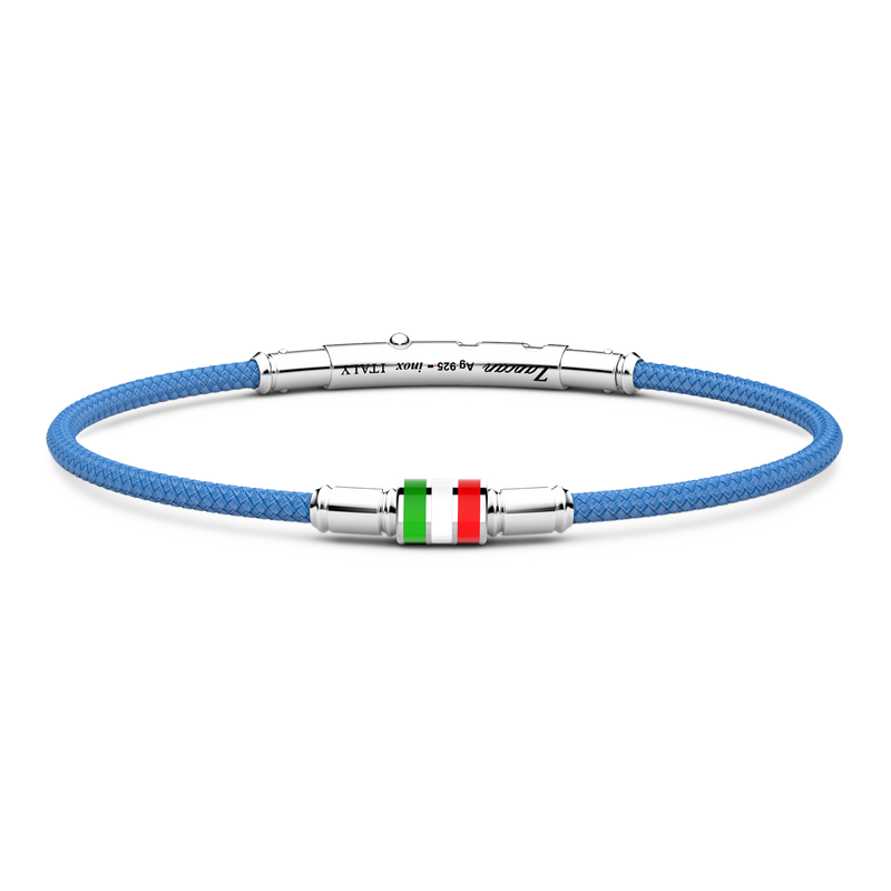 Sky Blue Silicone Bracelet with Lacquered Silver Italian Flag