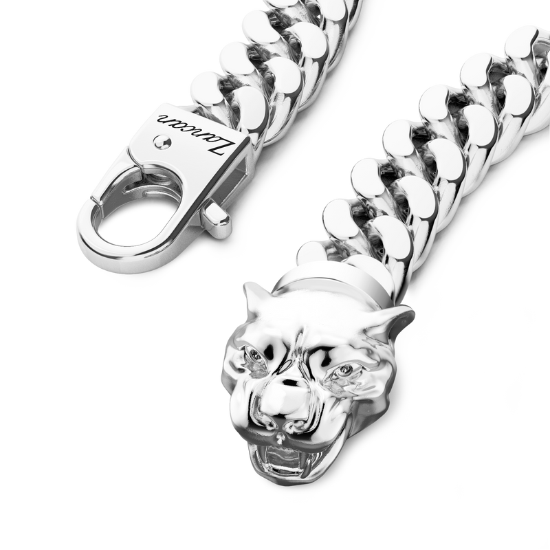 Silver Curb Chain Bracelet with Panther Head Closure