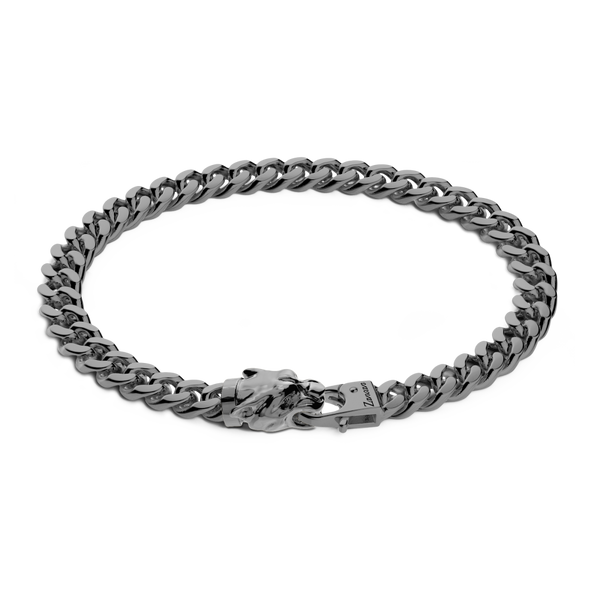 Black Silver Curb Chain Bracelet with Panther Head Closure