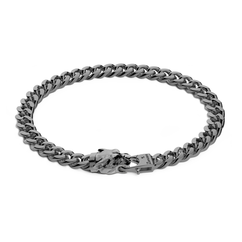Black Silver Curb Chain Bracelet with Panther Head Closure