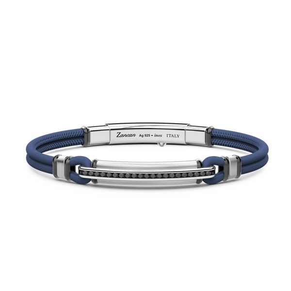 Blue Leather Bracelet with Silver Tag and Black Stones