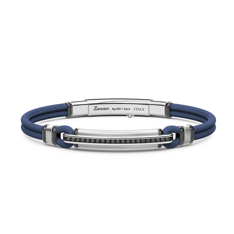 Blue Leather Bracelet with Silver Tag and Black Stones