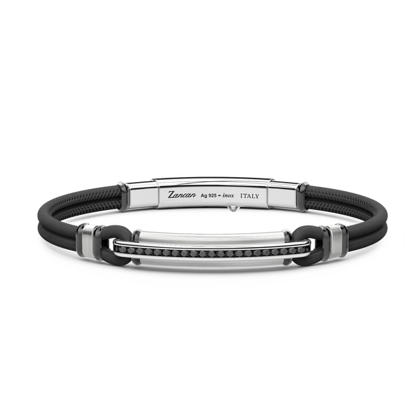 Black Leather Bracelet with Silver Tag and Black Stones