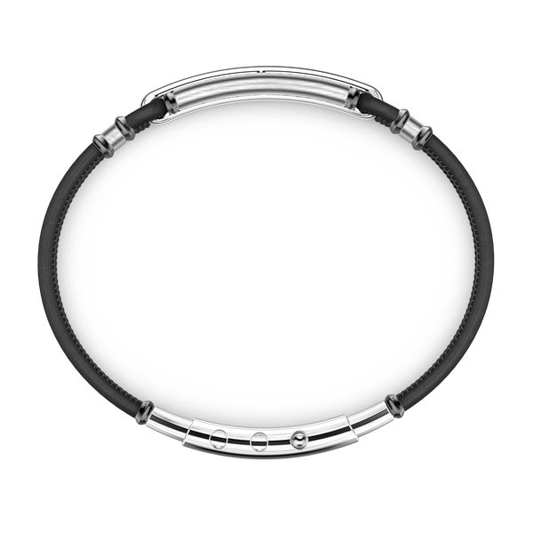 Black Leather Bracelet with Silver Tag and Black Stones